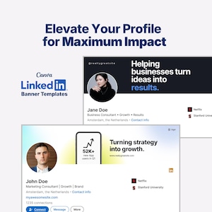 以下が含まれることがあります： CanvaのLinkedInバナーテンプレートを示すデジタルグラフィック表示。テキストには「Elevate Your Profile for Maximum Impact」、「Helping businesses turn ideas into results」、「Turning strategy into growth」と記載されており、プロフィール例が含まれています。