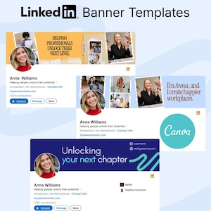 Op de afbeelding: Een digitale weergave van LinkedIn-bannertemplates met drie verschillende lay-outs. Elke template bevat tijdelijke tekst, profielfoto's en professionele merkelementen, met diverse kleurenschema's en typografische stijlen voor persoonlijke profielen.