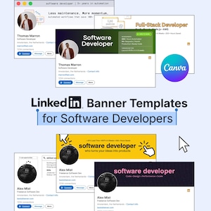 Op de afbeelding: Een verzameling LinkedIn-bannertemplates voor softwareontwikkelaars met verschillende kleurenschema's, waaronder wit, groen, geel en donkerpaars. De tekst bevat "LinkedIn Banner Templates for Software Developers" en "Canva".