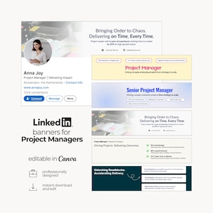 Puede incluir: Una colección de plantillas digitales de banners de LinkedIn para gestores de proyectos, con varios diseños y textos como Bringing Order to Chaos, Project Manager y Senior Project Manager, editables en la plataforma Canva.
