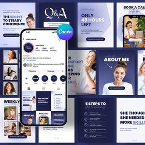 Könnte beinhalten: Ein digitales Marketing-Vorlagenset mit einem dunkelblauen und weißen Farbschema. Das Design umfasst Instagram-Posts mit Text wie "Das Geheimnis des stetigen Selbstbewusstseins" und "Über mich". Ein Smartphone zeigt eine Profilseite an.