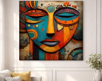 Abstract Tribal Portrait Wall Art – Colorful Square Statement Art, Digital Download