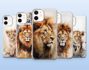 Watercolor Lion Phone Case Lion Safari Cover for iPhone17Pro, 16, 15, 14, 13, 12, Samsung S25, S24, S23Fe, S22 A16 A26, A56 Pixel 10 9Pro
