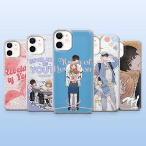 May include: A collection of five phone cases featuring anime-style illustrations. The cases display various designs, including couples, students, and floral elements. The color palette includes blues, pinks, and browns, with text overlays on some cases.