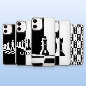May include: A collection of five phone cases with chess-themed designs. The cases feature black and white graphics of chess pieces, including a king, rook, and knight, along with the word "CHESS". The cases have a clear, protective border.