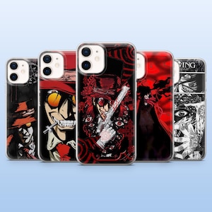 Könnte beinhalten: Fünf Handyhüllen mit Anime-Illustrationen in Rot, Schwarz und Weiß. Die Hüllen zeigen detaillierte Kunstwerke von Charakteren, darunter einer mit Hut und Pistole. Jede Hülle hat eine transparente Schutzhülle.