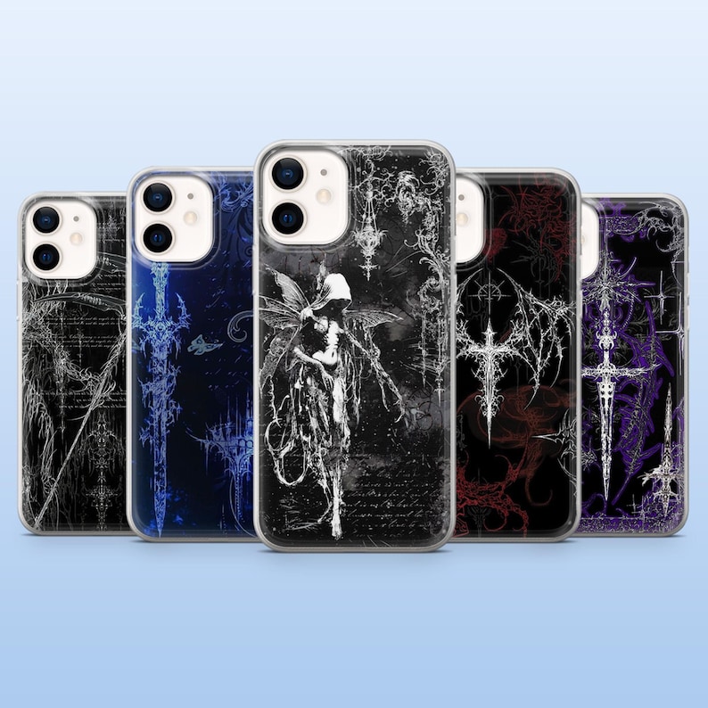 May include: A collection of five phone cases with gothic-inspired designs. Each case features a unique black and white or colored illustration, including a fairy, swords, and abstract patterns. The cases are displayed against a light blue background.