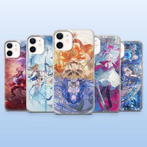 May include: Five phone cases with anime-style character art in vibrant colours. Each case displays a unique illustration, with diverse colour schemes including red, blue, and orange. The cases are made of clear plastic.