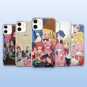 May include: A collection of five phone cases featuring colorful anime-style illustrations. The cases showcase various characters and scenes, with vibrant colors and detailed artwork. The designs include musical instruments and group portraits.
