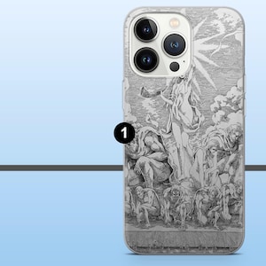 May include: A clear phone case featuring a detailed black and white illustration. The artwork depicts a classical scene with figures, clouds, and a radiant light source. The case is designed to fit a smartphone.