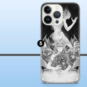 May include: A clear phone case featuring a black and white illustration. The artwork depicts a woman with a flower, a figure with wings, and skulls. The case has a glossy finish and a protective bumper.