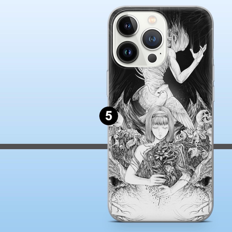 May include: A clear phone case featuring a black and white illustration. The artwork depicts a woman with a flower, a figure with wings, and skulls. The case has a glossy finish and a protective bumper.