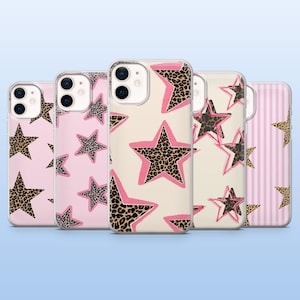 Funda rosa con estampado de leopardo y estrellas estilo Y2K para iPhone 17 Pro, 16, 15, 14, 13, 12, Samsung S26, S25, S24, S23, A16, A26, A56, Pixel 10, 9 Pro.