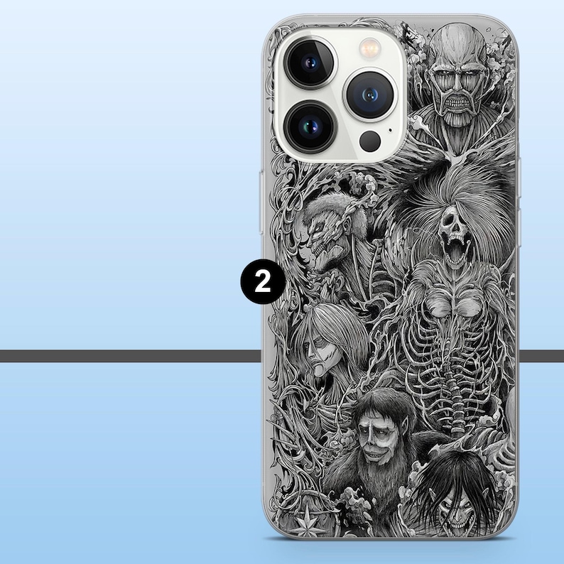 May include: Clear phone case featuring a detailed black and white illustration of various characters from an anime series. The design includes multiple figures with intricate details, set against a backdrop of swirling patterns.