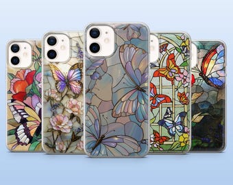 Butterfly Phone Case Stained Glass Faux Cover for iPhone17Pro, 16, 15, 14, 13, 12, Samsung S25, S24, S23Fe, S22 A16 A26, A56 Pixel 10, 9Pro