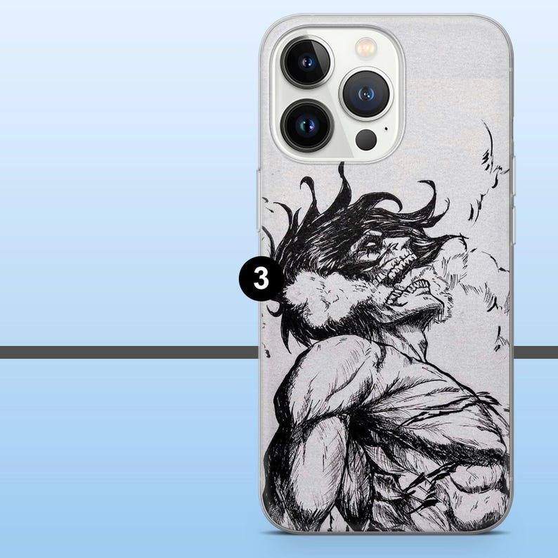 May include: A phone case featuring a black and white illustration of a muscular figure with a monstrous face, with the number 3 in a black circle. The artwork is detailed and appears to be a pen or pencil sketch.