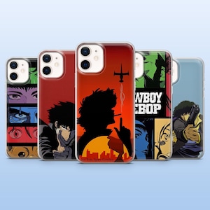 Peut inclure: Cinq coques de téléphone avec des illustrations de style anime. Les coques présentent des illustrations de personnages et le texte "Cowboy Bebop" sur des fonds colorés, notamment rouge, orange et bleu.
