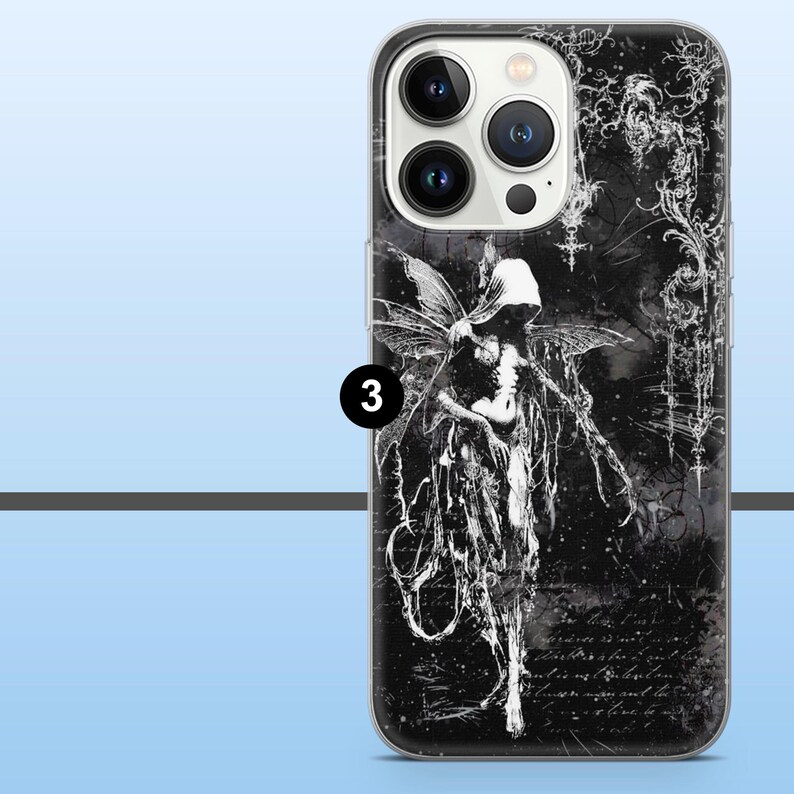 May include: Black and white phone case featuring a gothic fairy design. The case has a clear border and a dark background with intricate details. The fairy has detailed wings and is the central focus of the design.