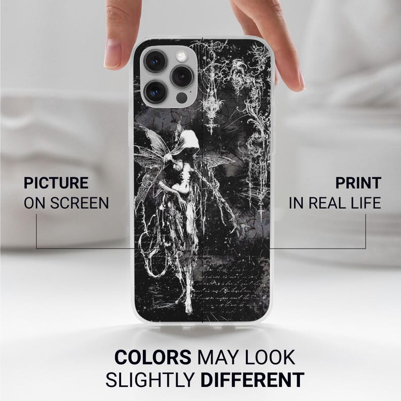 May include: A black and white phone case featuring a gothic illustration of a skeletal figure with wings. The case has a white border and the text "PICTURE ON SCREEN" and "PRINT IN REAL LIFE". The text "COLORS MAY LOOK SLIGHTLY DIFFERENT" is also visible.