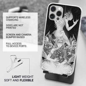 May include: A clear phone case with a black and white illustration of a fantasy scene. The case features a detailed drawing of a figure with a bird, surrounded by skulls and other elements. The text on the left reads: "SUPPORTS WIRELESS CHARGING", "LIGHT WEIGHT SOFT AND FLEXIBLE".