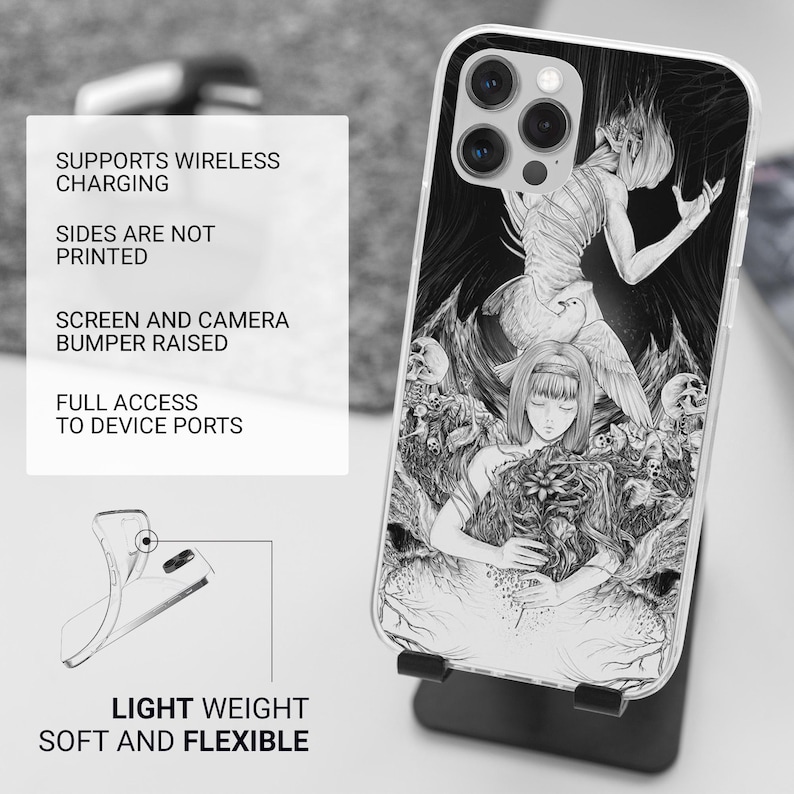 May include: A clear phone case with a black and white illustration of a fantasy scene. The case features a detailed drawing of a figure with a bird, surrounded by skulls and other elements. The text on the left reads: "SUPPORTS WIRELESS CHARGING", "LIGHT WEIGHT SOFT AND FLEXIBLE".