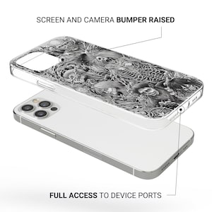 May include: A clear phone case with a detailed black and white illustration of a fantasy creature design. The case is shown on top of a silver phone. Text on the image reads: SCREEN AND CAMERA BUMPER RAISED and FULL ACCESS TO DEVICE PORTS.