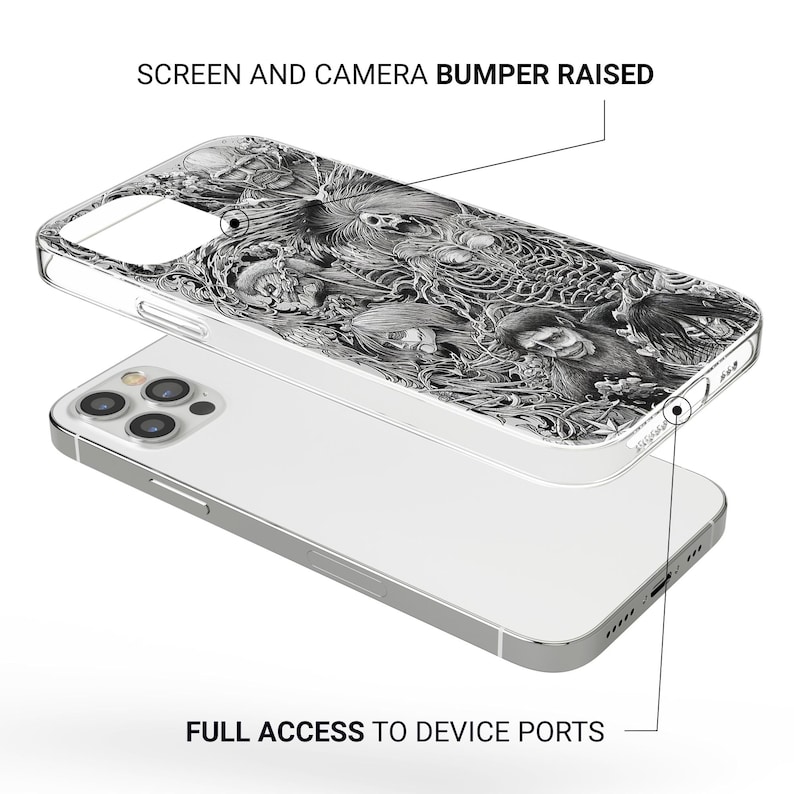 May include: A clear phone case with a detailed black and white illustration of a fantasy creature design. The case is shown on top of a silver phone. Text on the image reads: SCREEN AND CAMERA BUMPER RAISED and FULL ACCESS TO DEVICE PORTS.