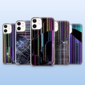 May include: Five clear phone cases with a cracked screen design. The cases feature vertical and diagonal lines in various colors, including blue, green, yellow, and red, creating a broken glass effect. The cases are displayed against a light blue background.