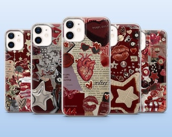 May include: A collection of five phone cases with a collage design. The cases feature a mix of red, white, and black elements, including hearts, lips, stars, and text. Some cases have the text "men suck" and "just love".