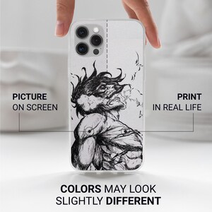 May include: A clear phone case featuring a black and white illustration of a muscular figure with a detailed face. The case has the text "PICTURE ON SCREEN" and "PRINT IN REAL LIFE". The text "COLORS MAY LOOK SLIGHTLY DIFFERENT" is also visible.