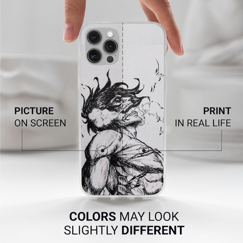 May include: A clear phone case featuring a black and white illustration of a muscular figure with a detailed face. The case has the text "PICTURE ON SCREEN" and "PRINT IN REAL LIFE". The text "COLORS MAY LOOK SLIGHTLY DIFFERENT" is also visible.