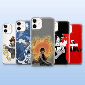 May include: A collection of five phone cases featuring anime-style illustrations. The cases showcase various designs, including characters with flames, a blue and white figure, a character with a sun, a black and white character, and a red case with a white cross.