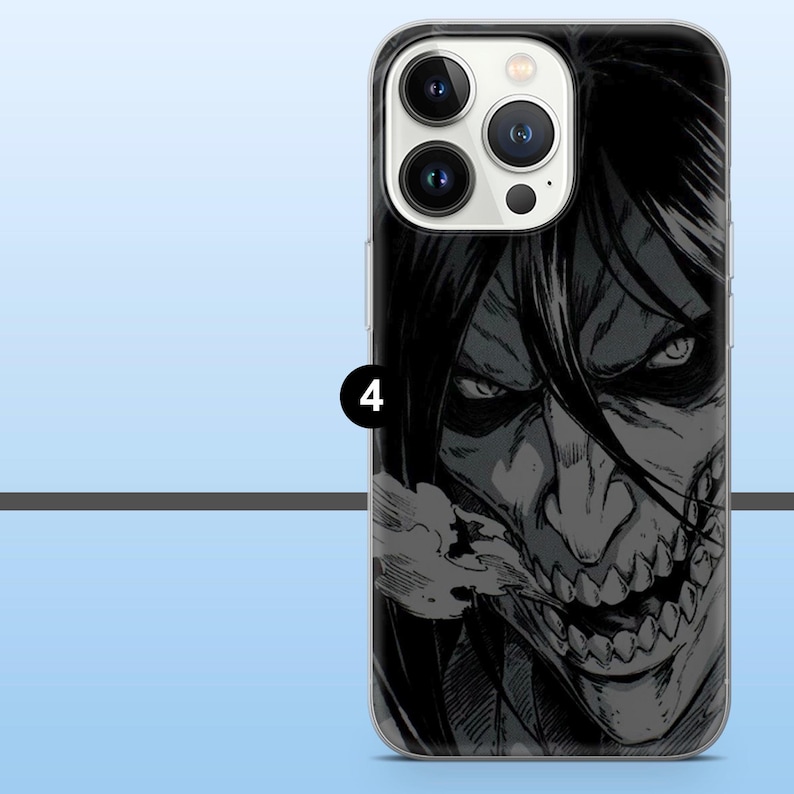 May include: A black and gray phone case featuring a detailed illustration of a character with sharp teeth and intense eyes. The design is a close-up of the character's face, with a dark, dramatic aesthetic. The case is designed for a smartphone.