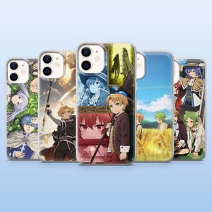 May include: A collection of five clear phone cases, each featuring colorful anime-style character art. The designs include various characters in different settings, with vibrant colors and detailed illustrations. The cases are designed for a smartphone.