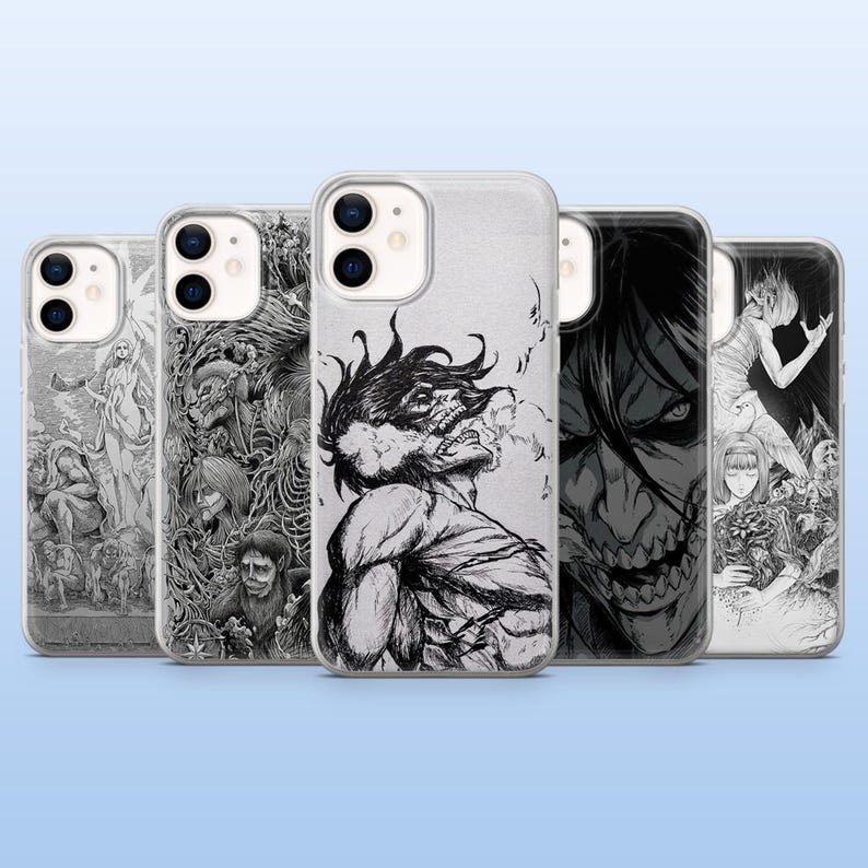 May include: A collection of five phone cases featuring black and white illustrations. The designs include detailed drawings of characters and scenes, with a focus on intricate linework and shading. The cases are displayed against a light blue background.