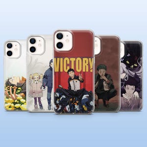 May include: Five phone cases with anime-style character designs. One case has the word "VICTORY!" in yellow on a red background. The other cases feature different characters and scenes, all with a clear protective finish.