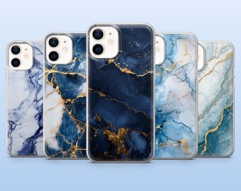 May include: A collection of five phone cases with marble designs. The cases feature a variety of blue and white marble patterns with gold veining. The cases are made of a clear, protective material.