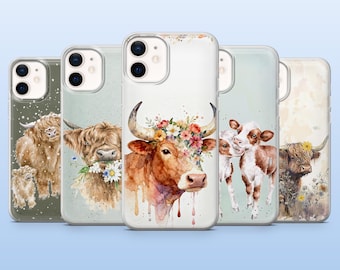 May include: A collection of five phone cases featuring watercolor illustrations of Highland cows. The cases showcase various cow designs, including one adorned with a floral crown, and others with floral accents. The cases have a clear, protective design.