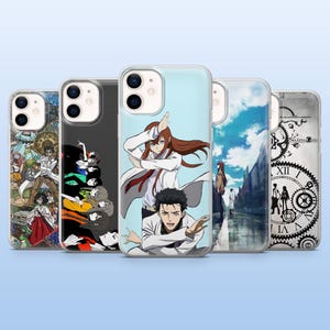 May include: A collection of five phone cases featuring anime-style illustrations. The cases showcase various designs, including characters in action poses, cityscapes, and intricate clockwork patterns. The cases are designed to fit a specific phone model.