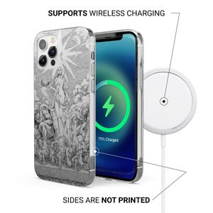 May include: Clear phone case with a black and white illustration of figures. The phone displays a charging screen with a green lightning bolt. A white wireless charger is also shown. Text on the image reads: "SUPPORTS WIRELESS CHARGING" and "SIDES ARE NOT PRINTED."
