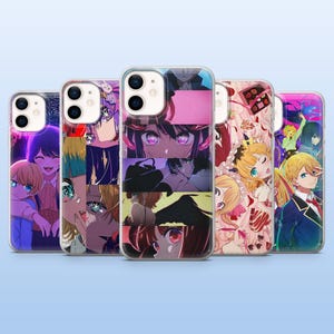 May include: A collection of five clear phone cases, each featuring a unique anime-style illustration. The designs showcase colorful characters with detailed facial features and vibrant backgrounds. The cases are displayed against a light blue backdrop.