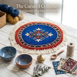 May include: A handwoven blue medallion rug with a central floral design, red border, and cream fringe. The rug is part of "The Curated Collection." Other items include bowls, a wooden spoon, and coasters. The text "made in [cite artisan town]" is visible.