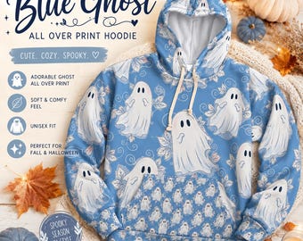 Sweat à capuche imprimé Ghost bleu sur l'ensemble | Pull d'Halloween fantaisiste dessiné à la main