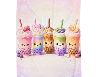 Kawaii Boba Freunde Samt Plüschdecke, Süßer Pastel Boba Trinkt Überwurf, Fantasy Freunde Decke, Tolles Geschenk