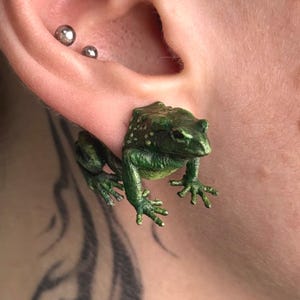 Realistiska grodörhängen i två delar, unisex udda örhängen, handmålade djurörhängen med dubbla stift, bohemiska 3D-tryckssmycken, present till bror