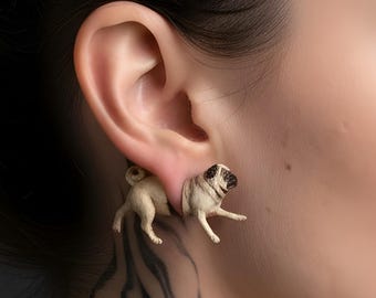 Cute pet mono earring for him, Weird earrings, Modern 3D printed animal earrings, Dog jewelry, Realistic pug earrings, Dog dad gift idea
