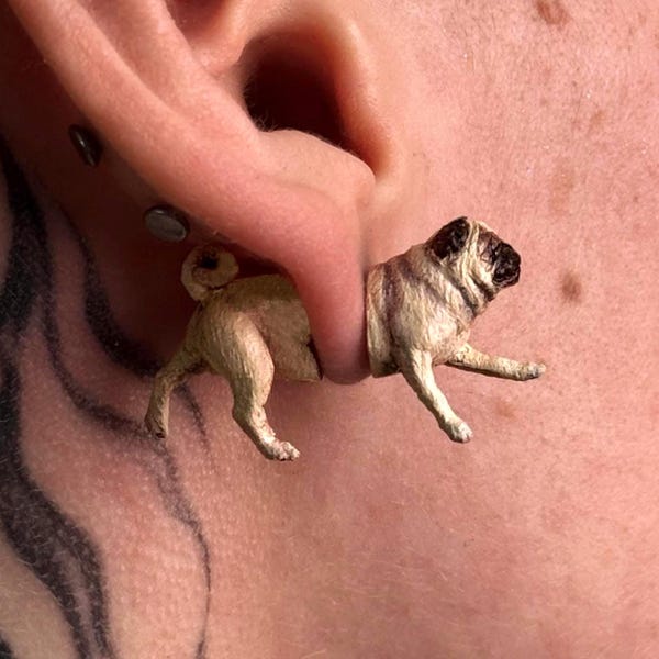 Realistic Pup Stud Earrings, Hand-painted dog earrings, 3D printed Pug Figurine Accessory, Pet Memorial Gift Idea, Handmade Quirky Jewelry