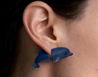 Realistic dolphin earrings unisex, Cute nautical jewelry, Realistic dolphin figurine hand painted, 3D printed fish jewelry, Sea life gift
