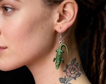 Croc dangle earrings, Realistic alligator jewelry, Crocodile lover gift, Jungle 3D print accessories, Reptile earrings, Cosplay gift for her