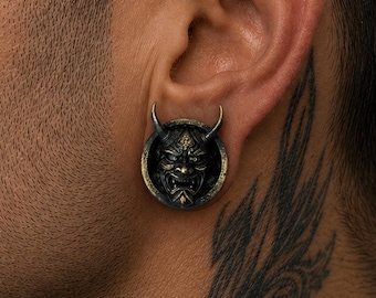 Túneles para orejas con máscara Hannya, dilatadores de demonio Oni, tapones para orejas negros y dorados, joyería de Halloween impresa en 3D
